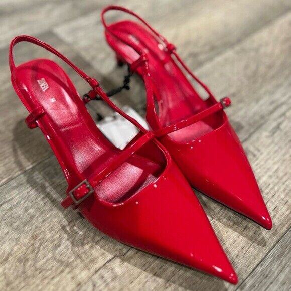 ZARA Red Patent Kitten Heels NWT | Viral Slingback Pumps - Picture 15 of 16